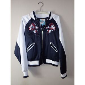Cali 1850 Bomer Jacket Embroidered Floral Butterflies Juniors Size Large Black